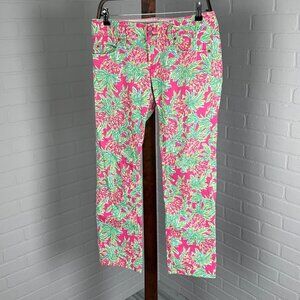Lilly Pulizer Pants Women 4 Pink Green Floral Worth Straight Jean Cotton Stretch